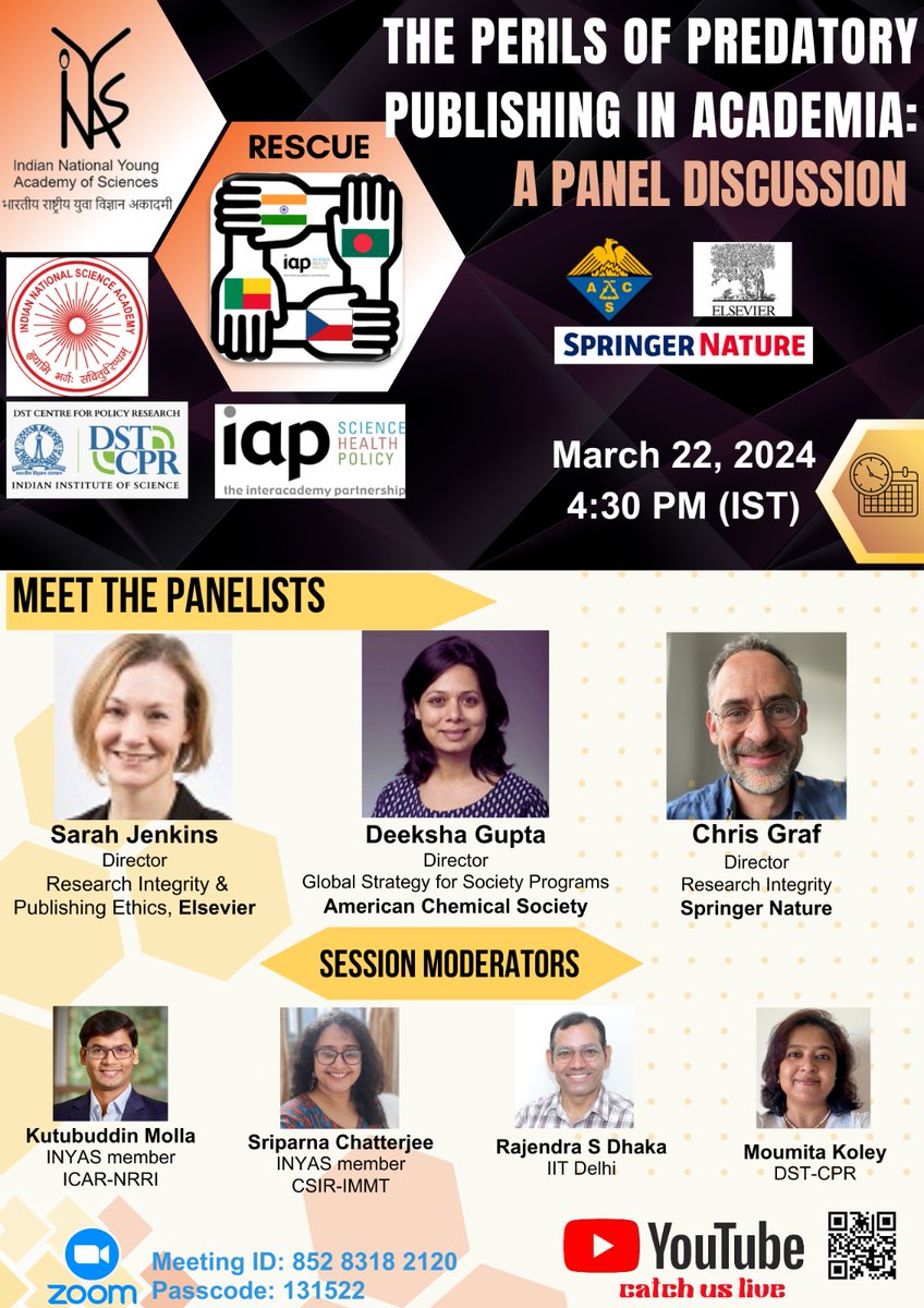 '📚 Join us for a crucial Panel Discussion on combating predatory publishing! 🦠 Discover the proactive measures taken by leading academic publishing houses - SpringerNature, Elsevier, and ACS.  Don't miss out! #ResearchIntegrity #AcademicPublishing #CombatPredators 📝💡'
#inyas