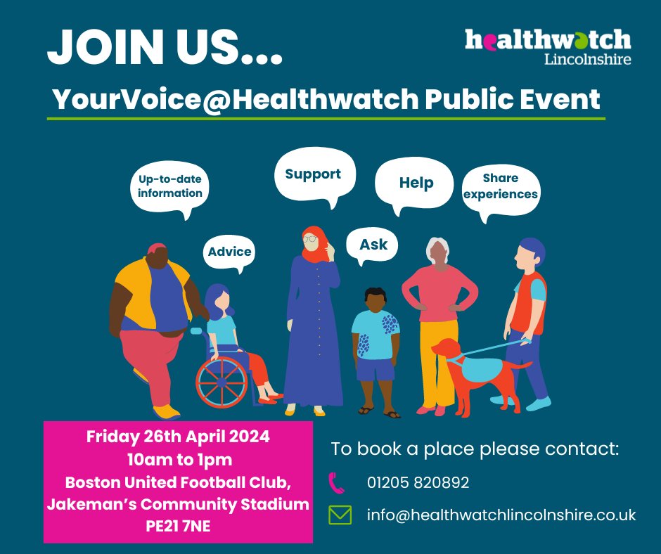 Come along to the #YourVoice #Healthwatch public event and meet the H.A.Y. Lincolnshire team on Friday 26th April.

📞01205 820892 to book your place now!

#HAYLincolnshire #Lincolnshire #Boston #BostonUnited