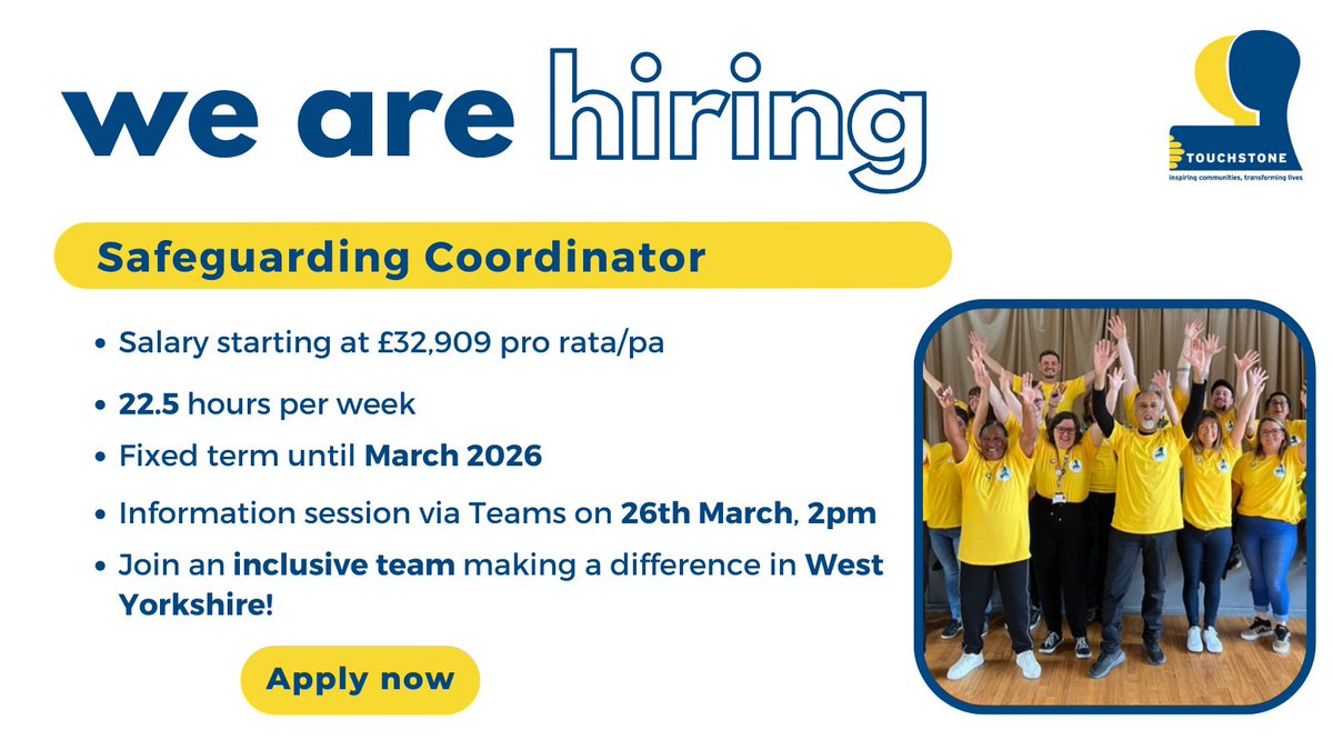 Are you looking for a role where you can really make a difference? We are looking for a new Safeguarding Co-ordinator! For more information, join our Teams session on Tuesday 26th March at 2pm. Visit our website for more details: touchstonesupport.org.uk/vacancy-safegu…. #WestYorkshireJobs