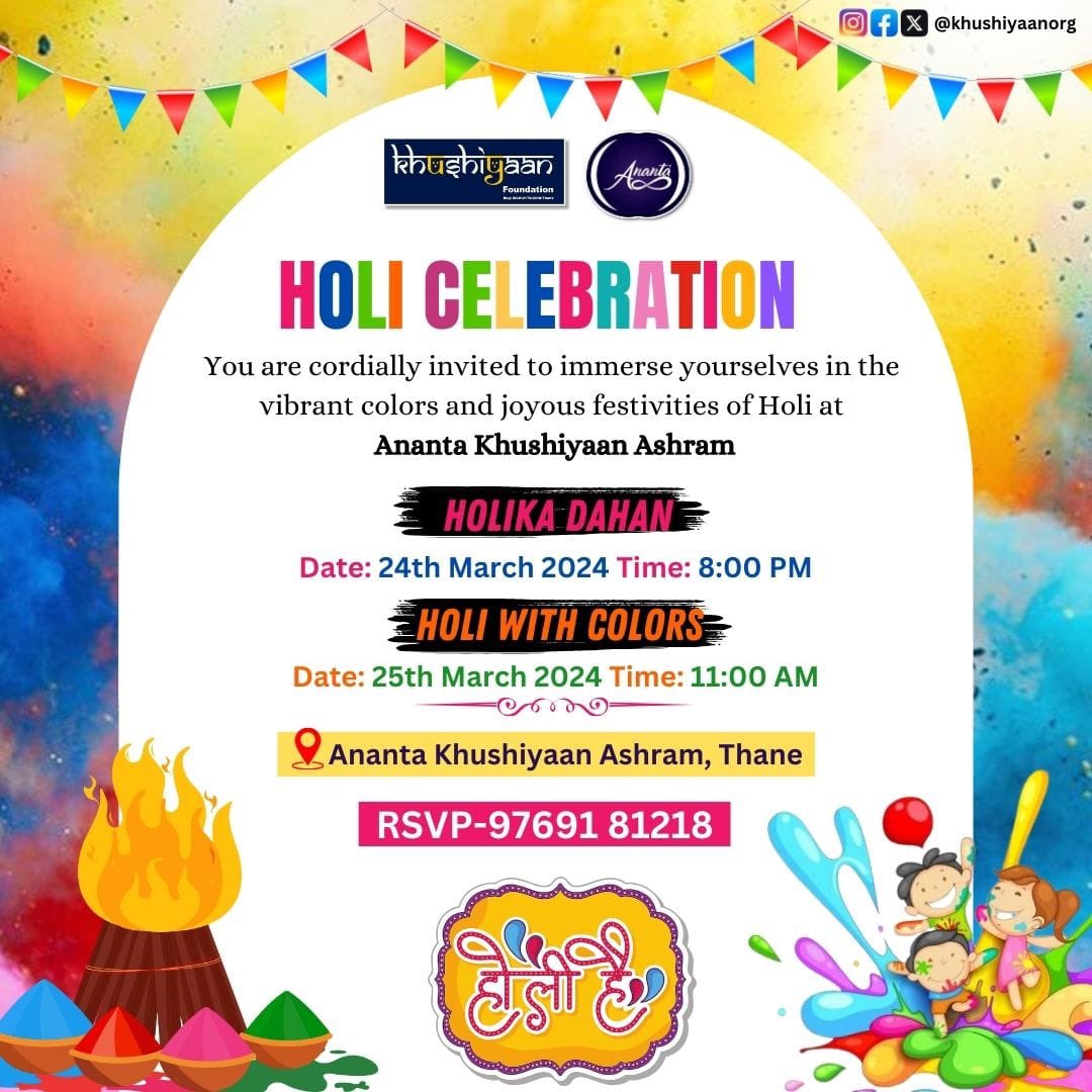 Come celebrate Holi with us at Ananta Khushiyaan Ashram! Let's enjoy the colors together. #holi #holicelebration #holihai #holifestival #holidayparty #holi2024 #holifestivalofcolours #khushiyaanfoundation #khushiyaanorg #khushiyaanorg #khushiyaanbalniwas #ngo