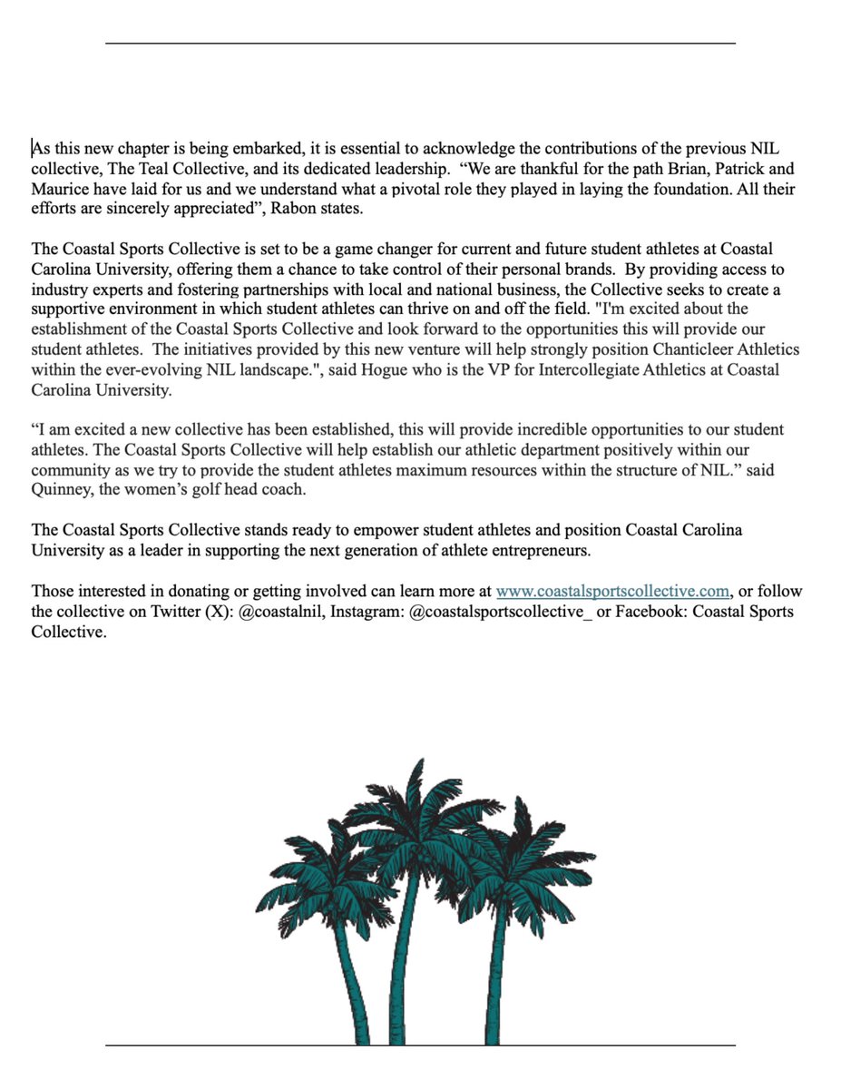 IT‘S OFFICIAL! Coastal Sports Collective will serve as the official NIL collective supporting CCU student-athletes! Become a member today by donating coastalsportscollective.com