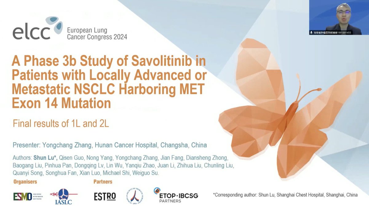 StephenVLiu's tweet photo. Dr. Yongchang Zhang at #ELCC24 presents phase IIIb study of savolitinib in NSCLC with #METex14. First-line use RR 62%, DCR 92%, mDOR 12.5m, mTTR 1.4m mPFS 13.7m. In previously treated, RR 39%, mDOR 11.1m, mPFS 11m. OS not reached. #ESMOAmbassadors @myESMO https://t.co/65QZRslerC
