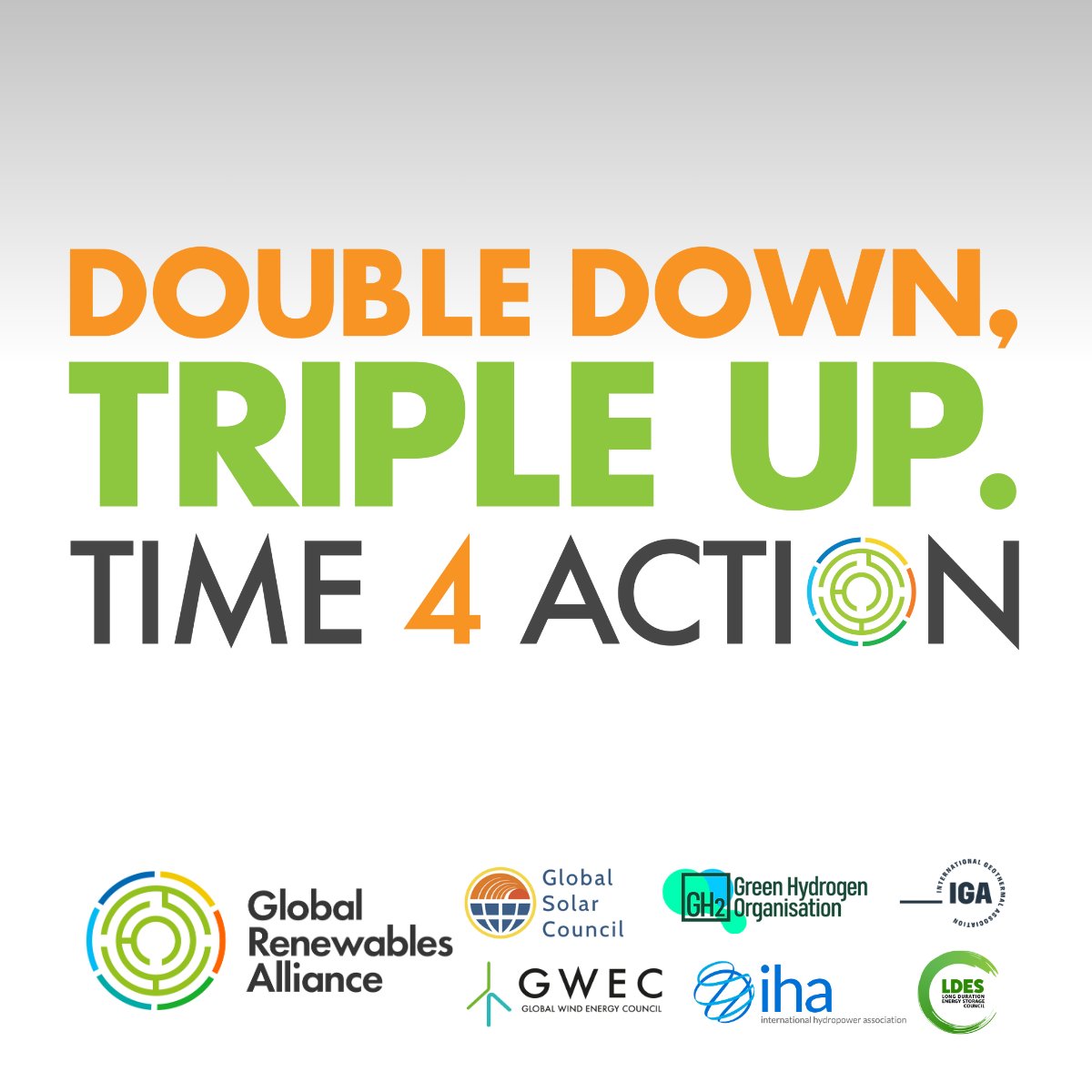 ‼️It's Time 4 Action ‼️ #COP28 set the stage as world leaders targeted Triple global renewable energy capacity & double energy efficiency by 2030 📈It’s time to realize that ambition, so with @GRA_Renewables we say: It’s #Time4Action that delivers #3xRenewables