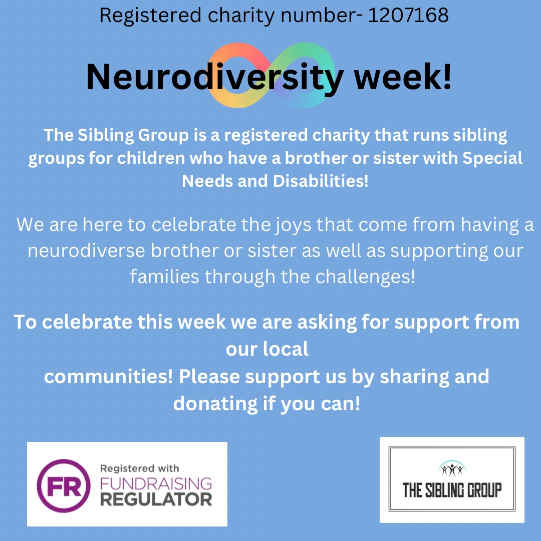 It is neurodiversity week! ♾️ We are here to support our amazing siblings and families! Please support us by sharing and donating here: justgiving.com/crowdfunding/S… #NeurodiversityCelebrationWeek #neurodiversityweek #siblings #SpecialNeeds #youngcarersupport #siblingsupport