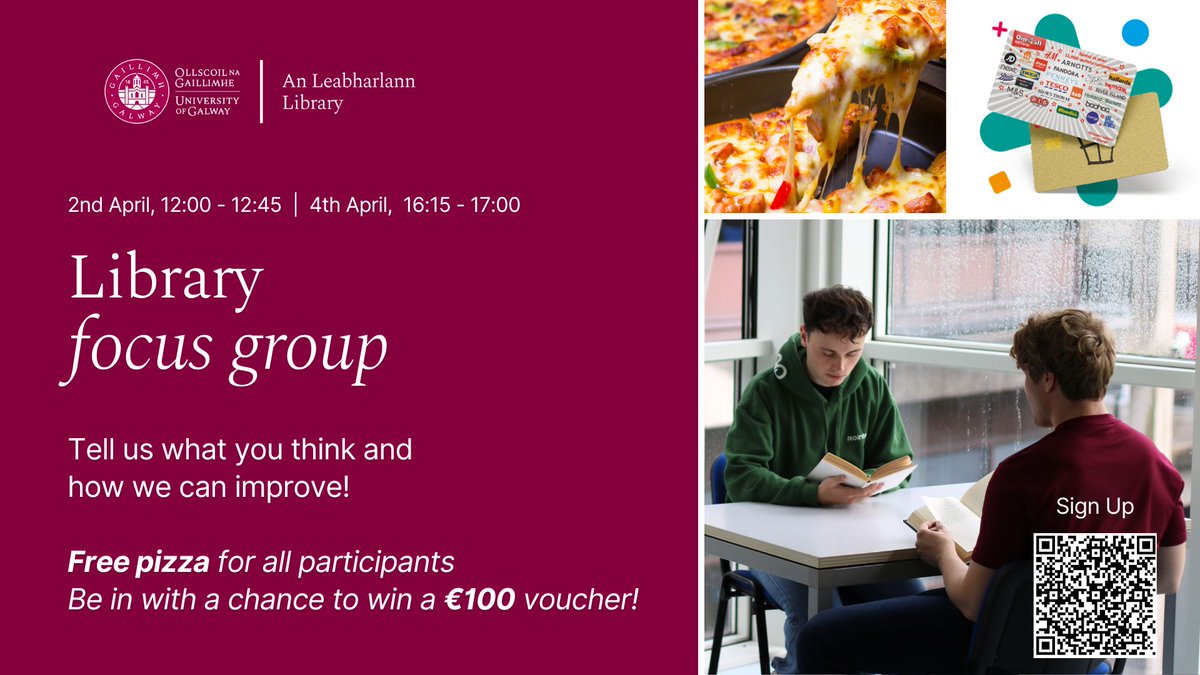 The Library is holding student focus groups in early April and want to hear from you! Tell them what you think about the Library and how they can improve their services. 🍕Free pizza and all participants will be in with a chance to win a €100 voucher 🥳