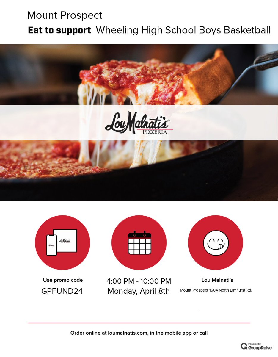 Save the date for our next fundraiser at Lou Malnati's! 📅: Monday, April 8th (National Championship Game) ⏰: 4-10pm 💰: GPFUND24 @WHSactivities @Wheeling_Cats @hubbardbradford