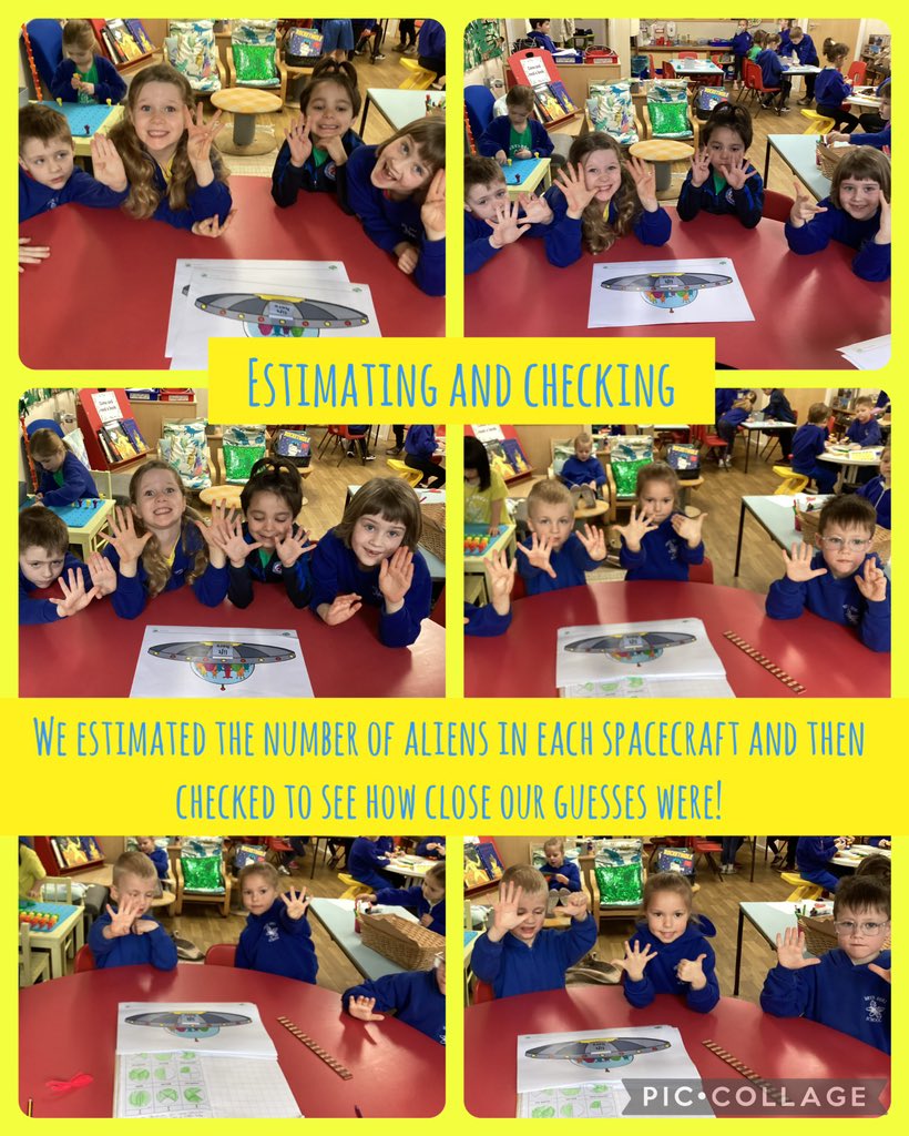 DeriBryn's tweet photo. 👽 HOW MANY ALIENS! 👽 

We have done lots of number work this week with estimating and checking our guesses to see how close we were! We practised making sensible guesses and using our knowledge of number patterns!

🌎🛸🪐👽🚀🛰️ https://t.co/Xrmt3gaHW3