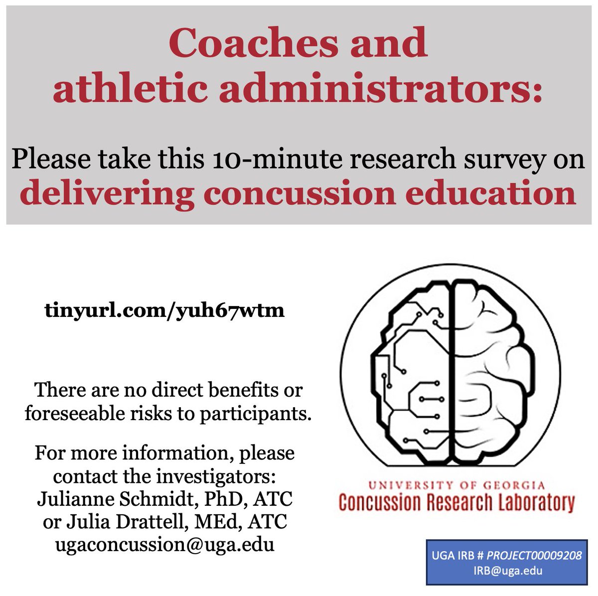 🚨COACHES &amp; ATHLETIC ADMINISTRATORS🚨
📣@ugaconcussion is looking for coaches and athletic administrators to take this 10-minute online anonymous survey on delivering #concussion education. 
📣Please share and RT to spread the word! tinyurl.com/yuh67wtm