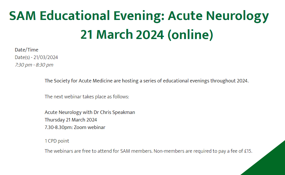 SAM Webinar on Acute Neurology - tomorrow evening (21.3.24 19:30) Free to SAM members, £15 for non-members From Dr. Speakman: Covering epilepsy, status epilepticus & headache management. Join us to find out more! Register here: eventsforce.net/eventage/240/h…