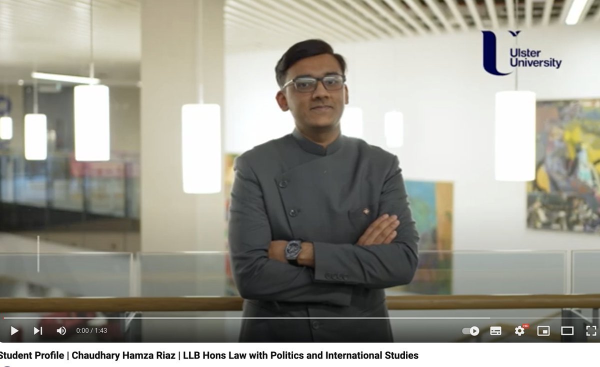 Meet Chaudhary Hamza Riaz, LLB Hons Law with Politics and International Studies student from Pakistan youtube.com/watch?v=sVR_wA… and learn more about studying Law at Ulster at ulster.ac.uk/faculties/arts…