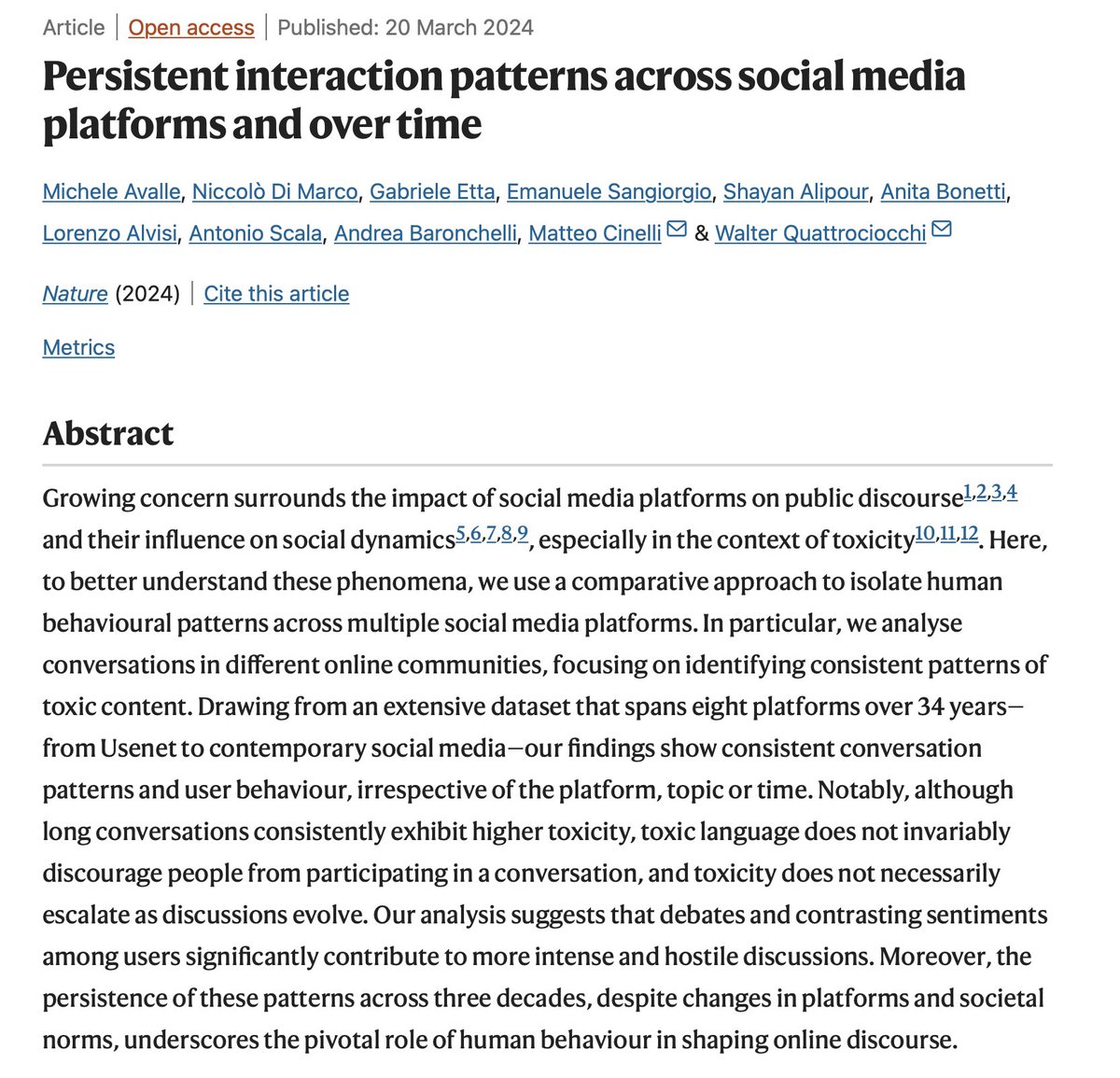 Finally out our paper in Nature 'Persistent Interaction Patterns across Social Media and Over Time' nature.com/articles/s4158… #Toxicity #OnlineSocialDynamics @a_baronca @matteo_cinelli @RicercaSapienza @SapienzaRoma