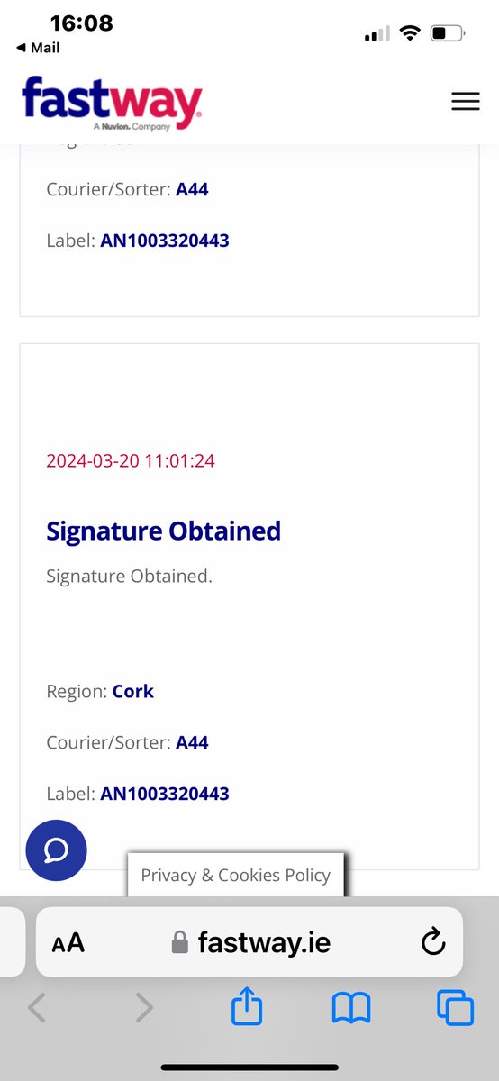 I arrived home after receiving an email from ⁦<a href="/FastWayDelivery/">Fast Way Delivery</a>⁩ saying my package was delivered. It wasn’t here so tracked it and as below it say delivered and signed for. Have searched for a contact number for this company in Cork and none to be found. #fastwaydelivery