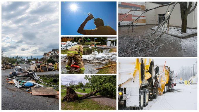 A collage of multiple photos: - Rural homes destroyed following a tornado- Someone drinking from a water bottle with a blazing sun overhead- A firefighter installs a water pump in a flooded ditch- An uprooted tree toppled over- A broken branch hangs from a tree covered with ice- Snow removal vehicles lined up on a snowy day