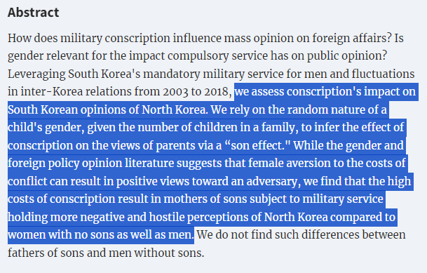Interesting/clever paper in @Journal_of_GSS by Lee and Bae: 'Conscription and Gender in Mass Opinion on Foreign Affairs' academic.oup.com/jogss/article-…