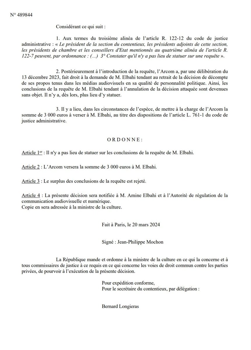 C'est gagné ! Le Conseil d'État condamne l'ARCOM à me verser 3 000€. L'ARCOM a fini par retirer sa décision qui demandait à CNews et à Canal + de décompter mon temps de parole en qualité de personnalité politique.