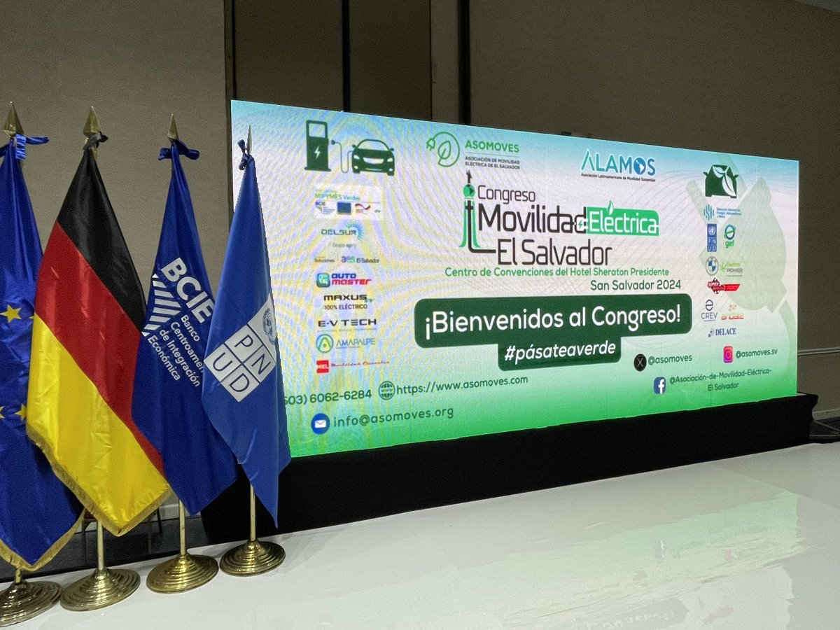 Primer Congreso de Movilidad Eléctrica en El Salvador organizado por <a href="/asomoves/">@asomoves</a> es gracias al apoyo de <a href="/BCIE_Org/">BCIE</a> <a href="/UEenElSalvador/">Unión Europea en El Salvador</a> la Embajada de Alemania 🇩🇪 en El Salvador 🇸🇻 <a href="/DGEHMSV/">Dirección de Energía, Hidrocarburos y Minas</a> #Pasateaverde <a href="/alamoslatam/">Asociación Latinoamericana de Movilidad Sostenible</a>