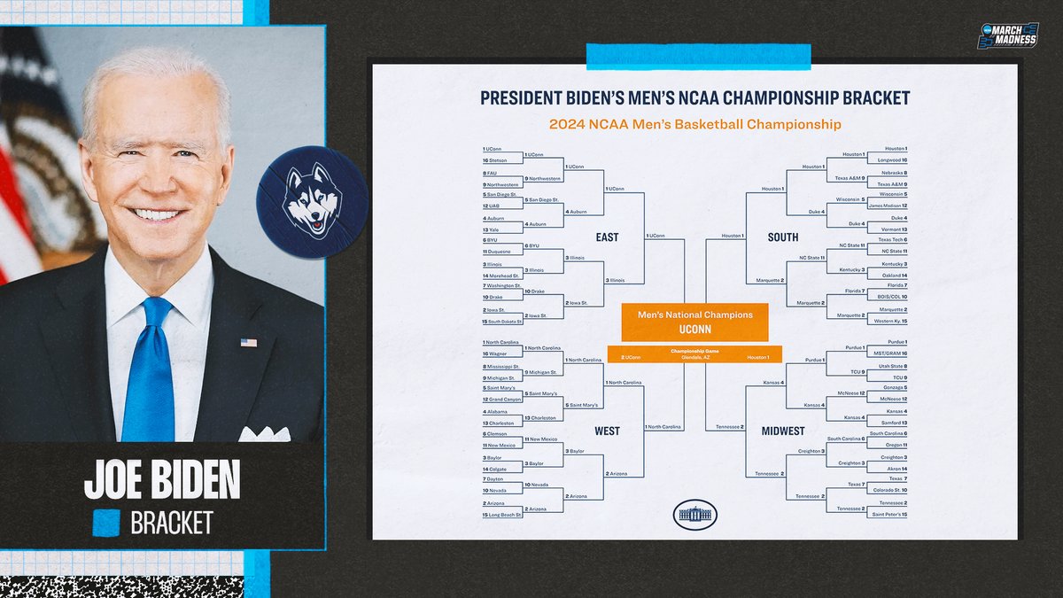 MarchMadnessMBB's tweet photo. President Biden's bracket! #MarchMadness 🇺🇸

UConn 🏆
NC State 👉 Sweet 16 👀
3️⃣ 1-seeds making the Final Four 🙌 https://t.co/Dc1mn6Ib84