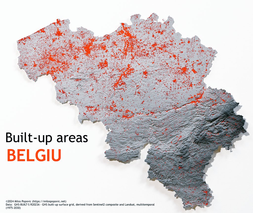 Milos Makes Maps on X: 👋🏻 Hello, fellow map lovers! Do you want to see  Belgium in 3D? 🗺️ Youll be amazed by my new map, which uses Global Human  Settlement Layer