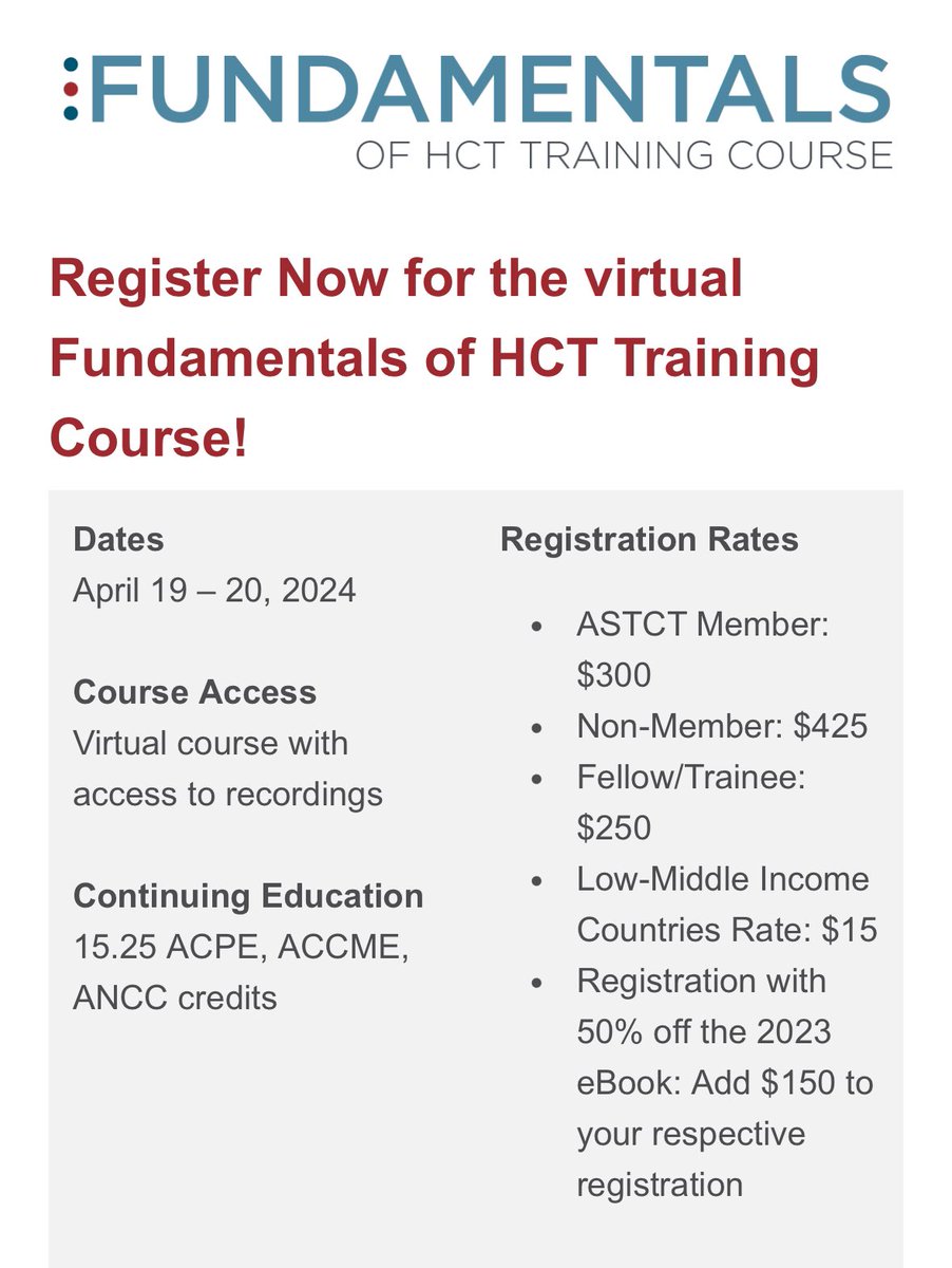 Fundamentals of HCT training course with $15 USD registration rate for persons from LMICs. 

Kudos to <a href="/ASTCT/">ASTCT</a> for this effort towards global equity in #BMTsm and #CARTcells education. 

astct.org/Attend/Fundame…