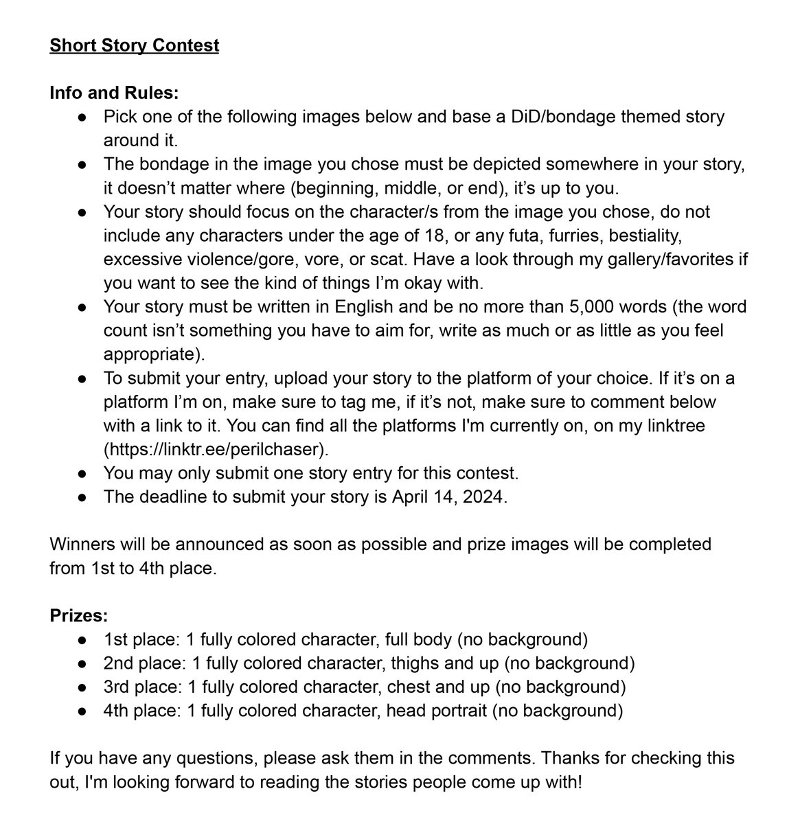 Hello all, I’ve decided to try and hold my first ever story contest! I’ve been wanting to host one for a while now and with my 30 character suggestion project finally over, it feels like as good a time as any. Read below for the details.