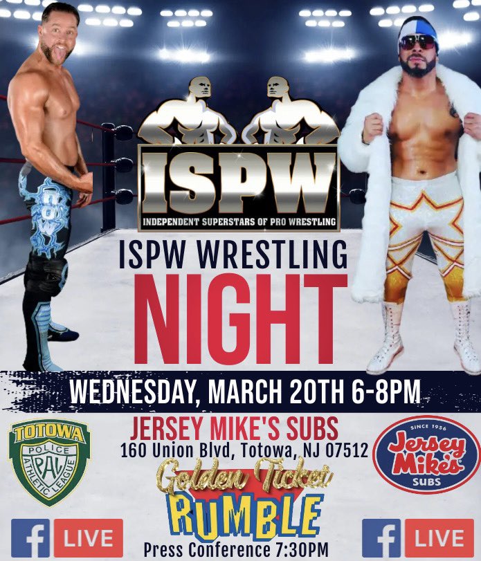 New Jersey! Come out tonight for our Golden Ticket Rumble Press Conference at Jersey Mike’s in Totowa! We will be there from 6-8PM with TONS of ISPW Superstars including @wcwcrowbar, @RickRecon1, @CalitriRey, @vicious_vicki_, @LeonStGiovanni, @AvaEverett_, and more SURPRISES!