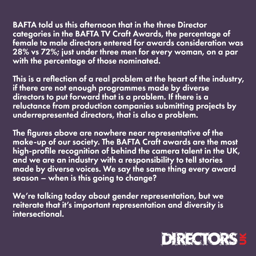 Statement on gender representation amongst director categories at the BAFTA TV Craft Awards.