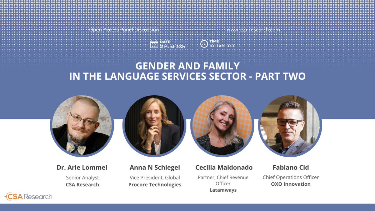 📢#WLPartnerEvent: Join our Strategic Partner <a href="/CSA_Research/">CSA Research</a> and Women in Localization on March 21, 2024, we'll explore the impacts of gender and family dynamics on language professionals further.

✍🏻Register here: bit.ly/48ZcU7P

Missed part one? bit.ly/3ToXkgf