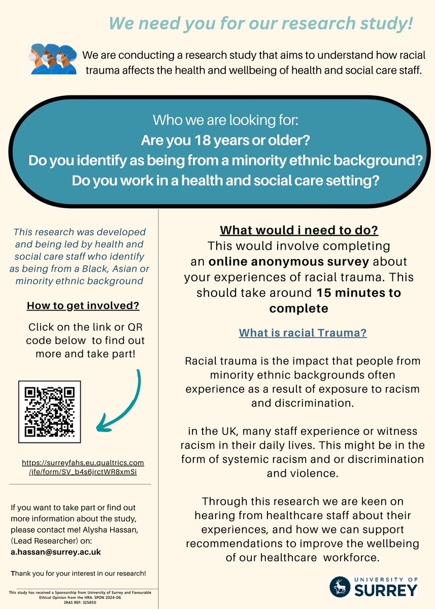 Recruiting for our research study, which is exploring the prevalence and experiences of racial trauma among healthcare staff in the UK. 

Follow the link to find out more and take part: surreyfahs.eu.qualtrics.com/jfe/form/SV_b4…

<a href="/UoSPsychD/">Clinical Psychology at Surrey</a> 
Please share✨