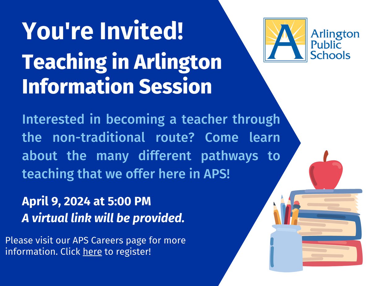 APS Talent Acquisition and Management (@apstalent) on Twitter photo Join us for another Pathways to Teaching in Arlington Information Session on April 9th! forms.gle/QkX4A6pgnqCJw5… Join us for another Pathways to Teaching in Arlington Information Session on April 9th! forms.gle/QkX4A6pgnqCJw5…