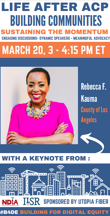 🗓️ Join us and @ILSR today from 3-4:15pm ET for our first Building For Digital Equity virtual gathering of 2024! Sponsored by @UTOPIAFiber, the discussion will focus on Life After #ACP. Register now: docs.google.com/forms/d/e/1FAI…
