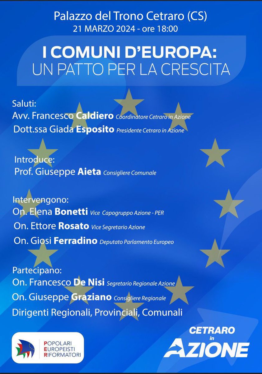 📌 Appuntamento domani alle 18:00 a #Cetraro insieme a <a href="/elenabonetti/">Elena Bonetti</a>, <a href="/Ettore_Rosato/">Ettore Rosato</a> e i dirigenti comunali, provinciali e regionali per parlare del ruolo dei Comuni nel futuro dell’Europa. <a href="/giuseppe_aieta/">Giuseppe Aieta</a>