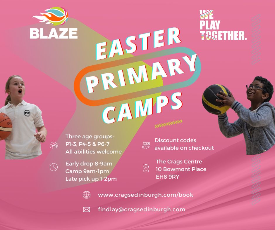 Booking is available for primary school holiday basketball camps for Easter and May holidays.

Single day and week long bookings are available, spaces are limited though.

the-crags-centre.classforkids.io/camps

#basketball #blaze #easter #camps #fun #learn #safe #makefriends #weplaytogether