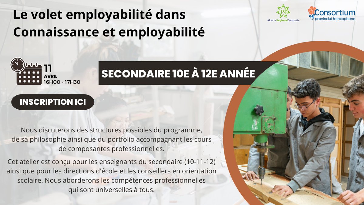 📢Vous êtes enseignant(e) du secondaire ou professionnel(le) de l'éducation ? Ne manquez pas notre formation dédiée au volet employabilité du programme Connaissance et Employabilité ce jeudi 11 avril!
🔗cpfpp.ab.ca/program/12422

<a href="/FCSFA3/">FCSFA</a> <a href="/arpdc_alberta/">APLC - Alberta Professional Learning Consortium</a>
