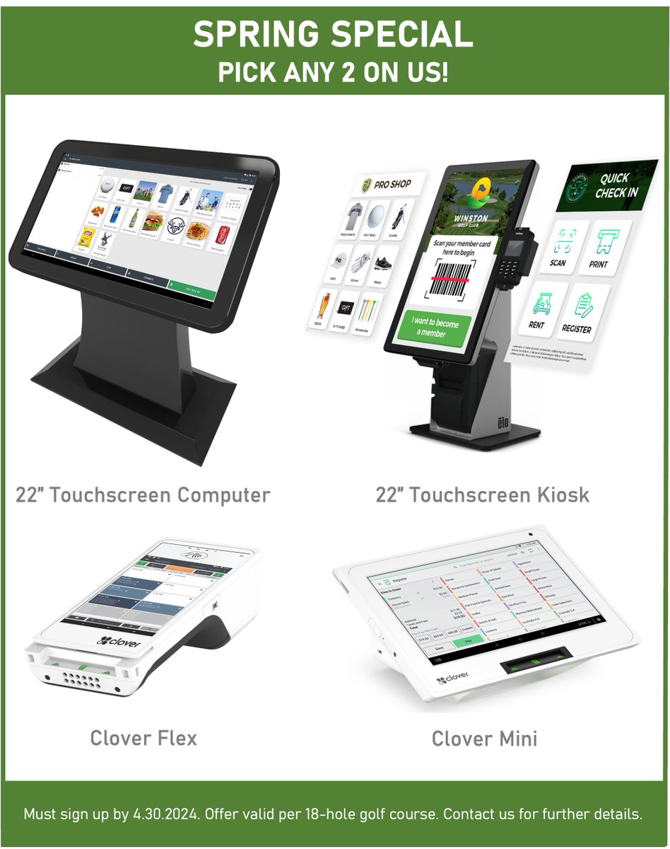 TenForeGolf's tweet photo. Spring is in the air, and what better time to upgrade your golf management software to receive free hardware and lower your credit card processing costs?

Sign up for the industry's leading golf management software by April 30, 2024, and you will receive any two of the devices pictured below. Choose from 22" touchscreen computers, the handheld Clover Flex, or the 8" Clover Mini. All devices have our full tee sheet and point of sale.

PLUS, WE WILL BEAT YOUR CURRENT CREDIT CARD PROCESSING COSTS!

Are you being pushed to move processors and pay more? Don't do it! With TenFore Golf, you not only receive industry-leading software and free hardware, but we also save you money on processing so you can retain more of your hard-earned revenue.

Schedule a demo of our software today!

Learn more at https://t.co/D53yzExeJn or email us at sales@tenfore.golf

TenFore Golf is a proud member of the National Golf Course Owners Association (NGCOA) and a supporter of the PGA of America

Offer valid per 18-hole golf course. You must sign up by 4.30.24 and go live by 12.31.2024. Contact us for additional details. For nine-hole golf courses, contact us for your special offer.