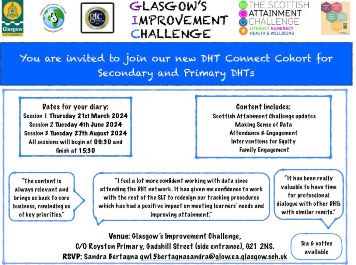 Looking forward to welcoming primary and secondary #DHTConnect colleagues to the GIC base tomorrow for professional discussion and collaboration around the effective use of data. @MicheleStewart0 @Jane2308_ @callummacfarla7 @Doug_GCC @GCCLeadLearn #alllearnersallachieving