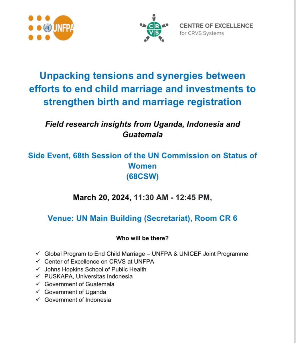 Happening Now! @UNFPA, @UNWomen & the Global Program on Ending Child Marriage is hosting a side event of the #68CSW on unpacking tensions and synergies between efforts to end child marriage and investments to strengthen birth & marriage registration. Join us at @UN with @puskapa