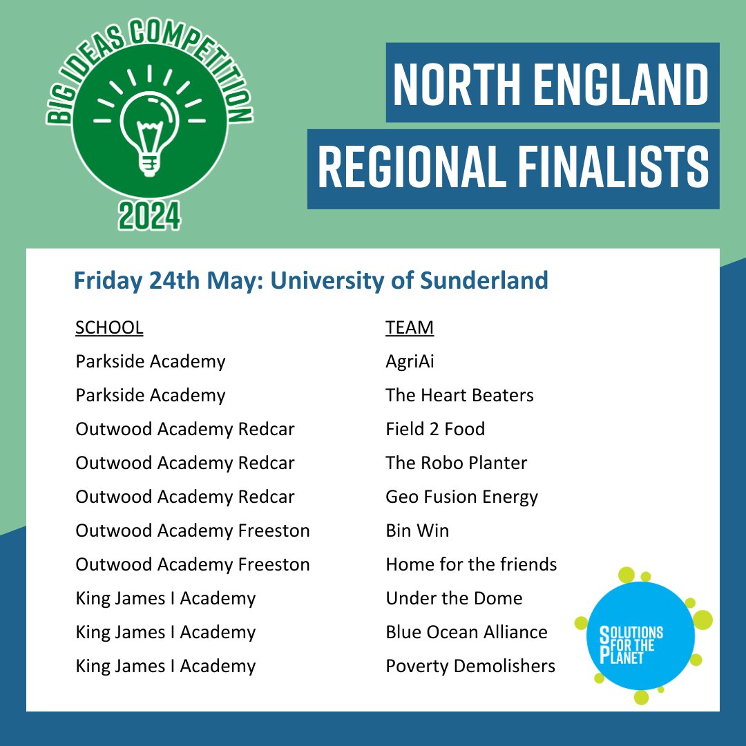We can finally announce the Regional Finalists for the Big Ideas Competition 2024 in our North England Region! 🎉 Congratulations @BGGSchool @OutwoodShafton @stbschool @HalifaxAcademy_ @bishopyoungce @parkside_TandL @OutwoodRedcar @OutwoodFreeston 👏We'll see you in May!