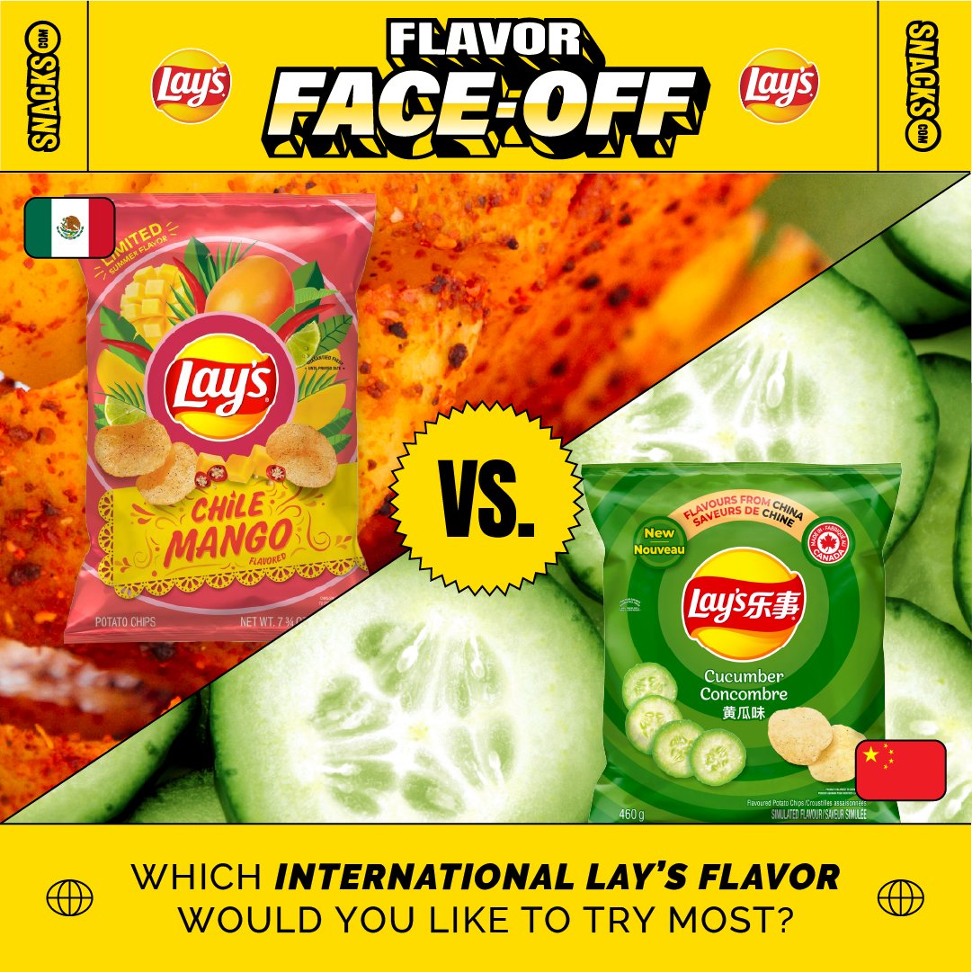 Which would you like more? A kick of Chile Mango flavor from Mexico or refreshing Cucumber flavor from China? Click the link and vote for your favorite flavor heavyweight in the Lay’s Flavor Face-off Challenge by Snacks.com! 🔗: snacks.com/laysflavorface…