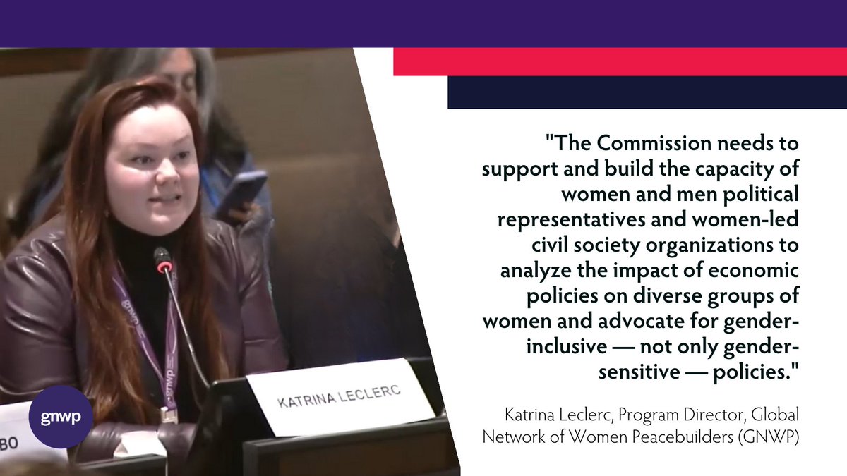 In #PeacebuildingCommission Expert-Level Meeting, GNWP🟣 Program Director @leclerc_katrina emphasized importance of:
👉Govt🏛️ & IFI💰 engagement in rebuilding post-conflict infrastructure to enable 🚺's econ. participation🙋‍♀️
👉Diverse policy analysis🔍 for gender-inclusivity⚧️🤝