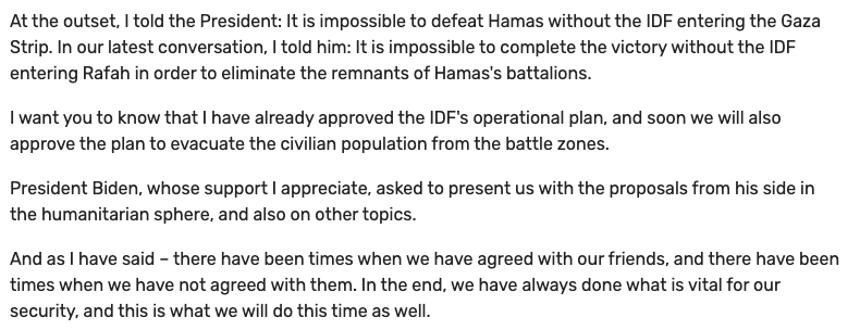 Children in Gaza are starving to death. 30% of Gazans have almost no food and will die if things don’t change. Yet Netanyahu is doing nothing to get them more aid. Instead, he is once again giving the US the middle finger and announcing a Rafah invasion. This is indefensible.