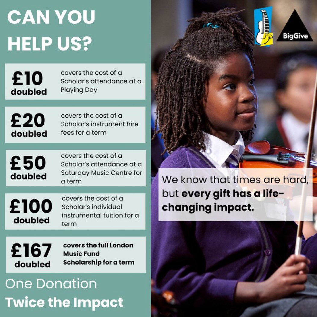 The @londonmusicfund Big Give Arts for Impact Challenge is now open! 

For this week only, every penny you donate will be DOUBLED - so each donation has twice the chance to change the life of a young musician 

To find out more and donate👉🏾donate.biggive.org/campaign/a0569… 

#ArtsForImpact