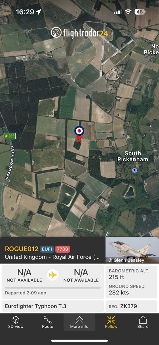Looks like an RAF typhoon has just ditched in a field south of Swaffham. Hope the pilot is safe? #flightradar24 @flightradar24 @RoyalAirForce
