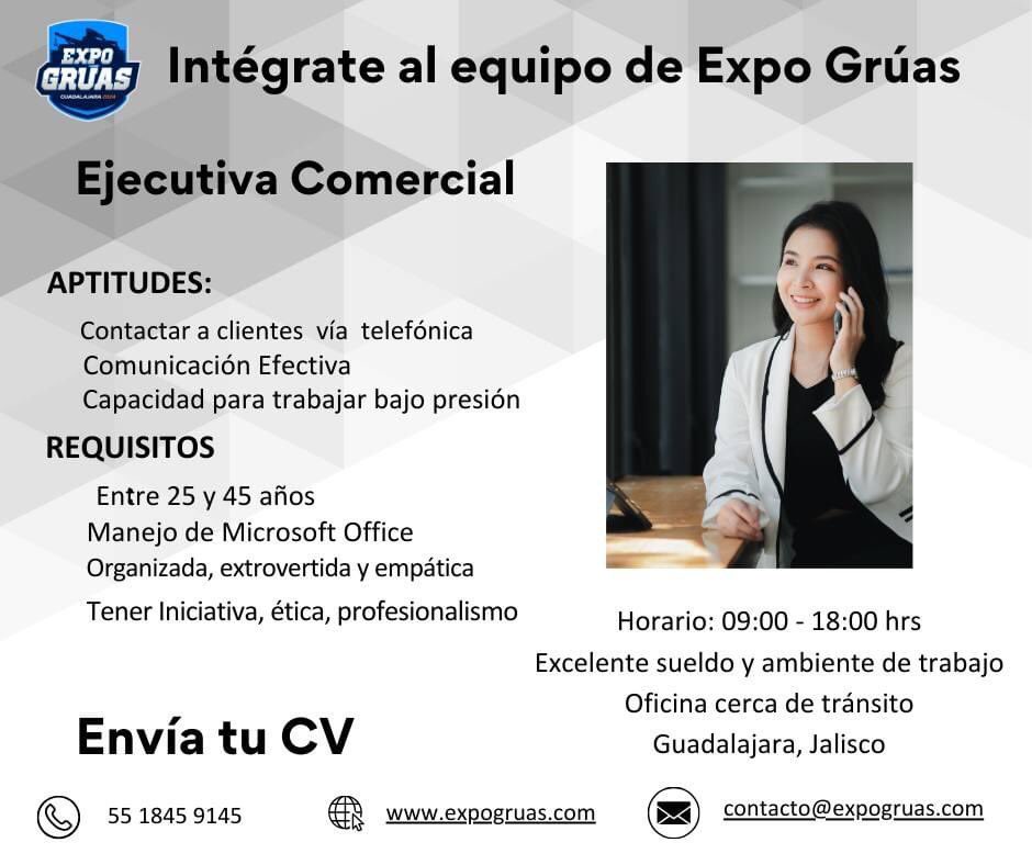 Eres una chica activa y te gusta hablar con la gente❓
Eres la persona que necesitamos... intégrate al equipo  EXPO GRÚAS... llámanos o envía tu CV a:

Teléfono y WhatsApp: ￼55 1845 9145

Estamos muy cerca de Tránsito, en Guadalajara, Jalisco.