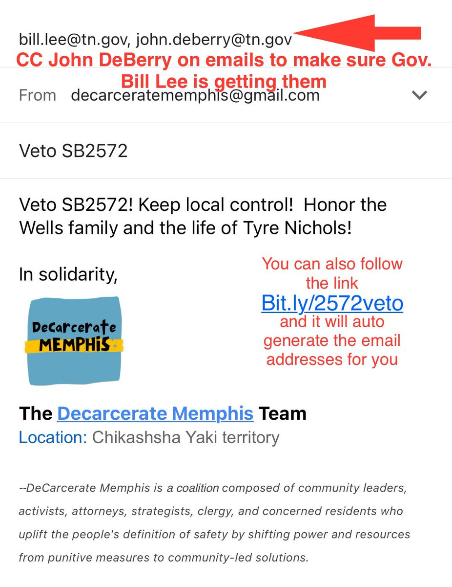 Call to action 🚨 We need people to ☎️ call (615)-741-2001 and 📧 email Governor Bill Lee and tell him to veto this bill immediately! You can follow the 🔗 bit.ly/2572veto. #VetoSB2572 #JusticeForTyreNichols #NothingAboutUsWithoutUs