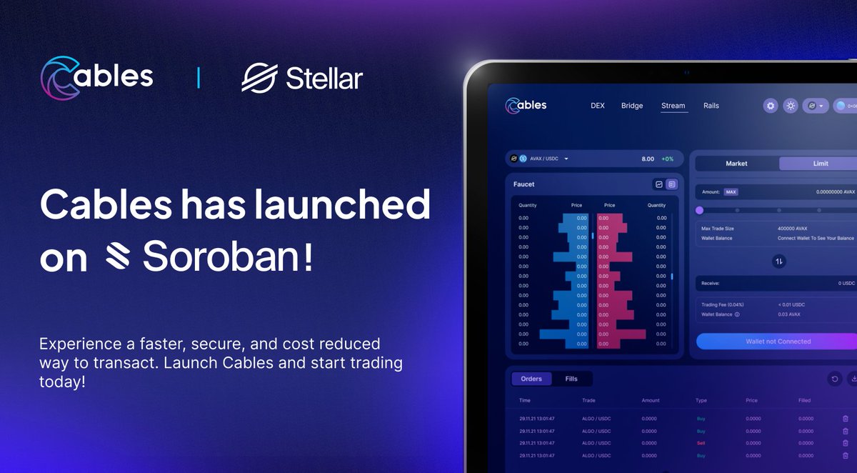 CablesFinance's tweet photo. Exciting News🌐 Cables is now live on @StellarOrg  @SorobanOfficial 🚀

We're revolutionizing the #FX industry by leveraging blockchain technology to bring unprecedented efficiency and transparency. Say goodbye to the traditional complexities and hello to seamless FX trading on the blockchain.  

· Secure FX transactions 
· Increased speed 
· Lower fees every-time  

👉 Try it out https://t.co/39g9IVClUY

#Cables #Soroban #FXOnChain #Blockchain #ForexTrading