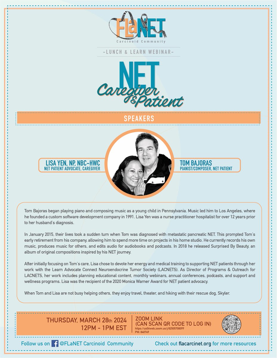 Exciting webinar slated for this month! We are looking forward to hosting Lisa Yen and Tom Bajoras to discuss their story and experience as NET caregiver and patient. Mark your calendars for this exciting webinar! Thursday, March 28th at 12pm EST! us06web.zoom.us/j/82505708099