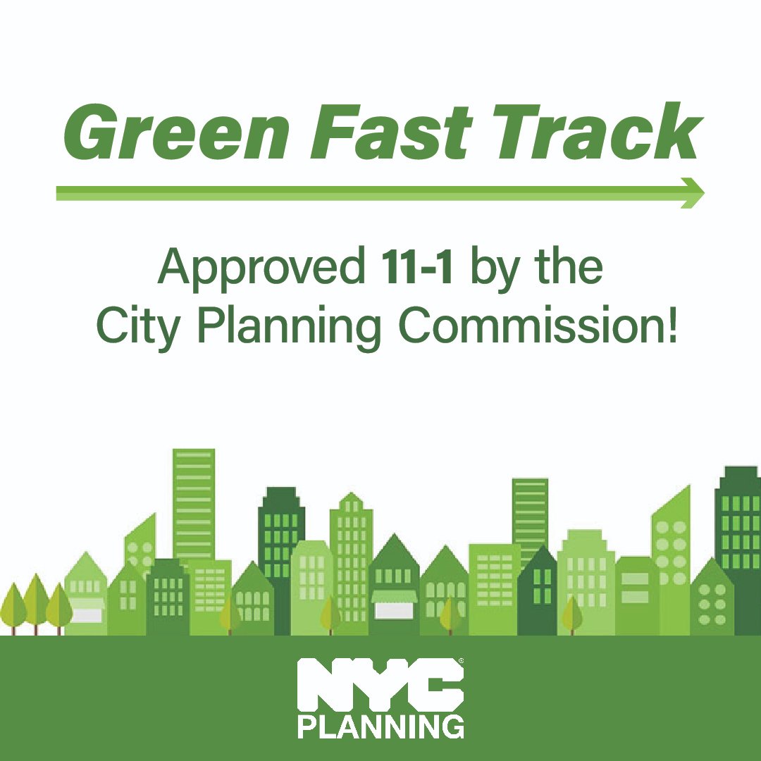 NYCPlanning's tweet photo. The City Planning Commission just approved Green Fast Track by 11-1!
This initiative will help NYC build housing greener and faster by cutting red tape and streamlining environmental review for climate-friendly, small + medium residential buildings: https://t.co/QcDSPtpJh4 https://t.co/Ay0zc5q9WZ