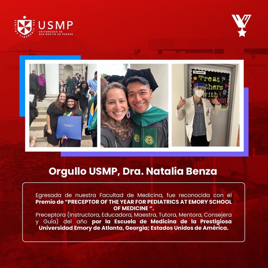 #OrgulloUSMP | La Dra. Natalia Benza, egresada de la Facultad de Medicina Humana de la USMP, fue reconocida como 'Preceptora del año en Pediatría' por la Universidad de Emory (USA). Conoce más en la nota ➡️ encr.pw/lBPab
