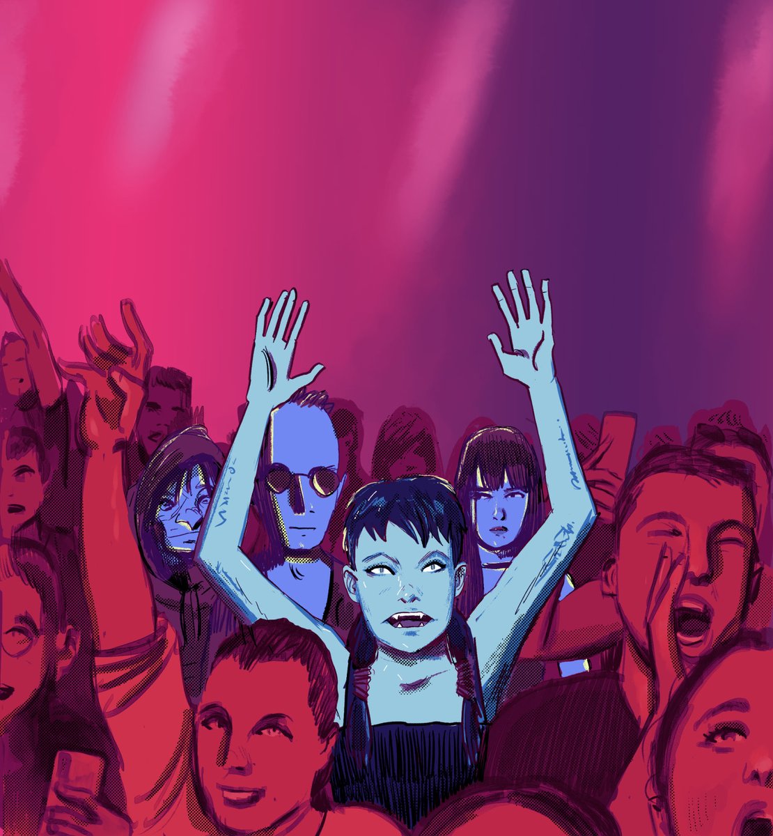 santapau's tweet photo. This is promo art for a Vampire the Masquerade adventure I planned, called Vampalooza. The prince's favorite wants to attend a music festival, and the coterie of players has been tasked to be her chaperones. https://t.co/hRWK0Gvxnj