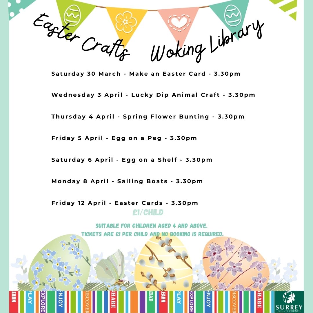 Looking for some fun activates to do this Easter Break? 🤔 Look no further than Woking Library, where we've got loads of Craft events to get involved with, for just £1 each! 🐣 The first craft is this Saturday at 3.30pm, where we'll be making Easter Cards! ❤️ @SurreyLibraries